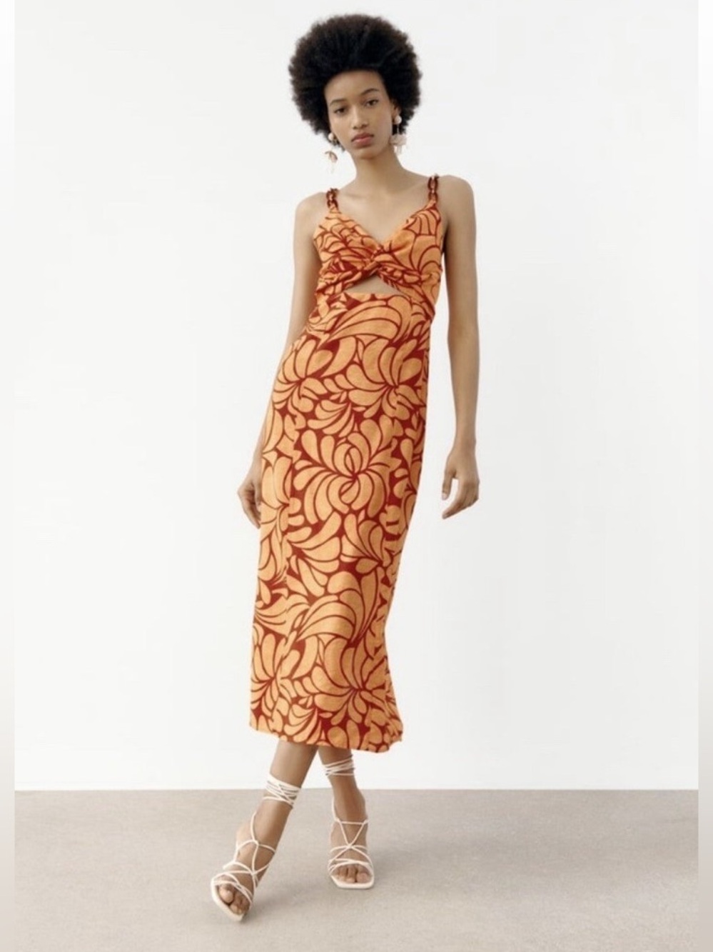 Zara Orange & Rust Knotted-Front Floral Midi Dress